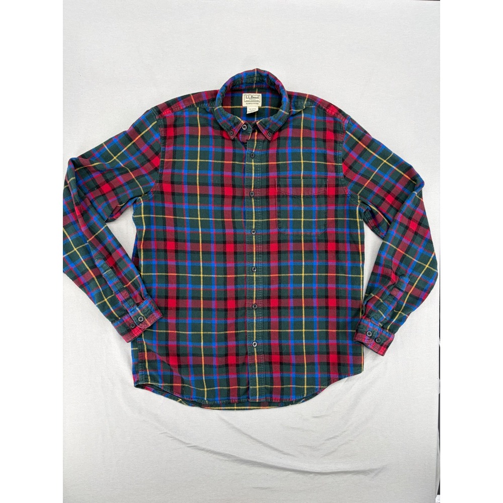LL Bean Mens Slightly Fitted Flannel Shirt Green Red Plaid 298167 M-REG